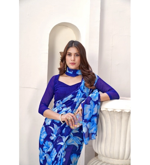 Generic Women's Polyster Printed Saree With Unstitched Blouse 5.5Mtr (Blue)