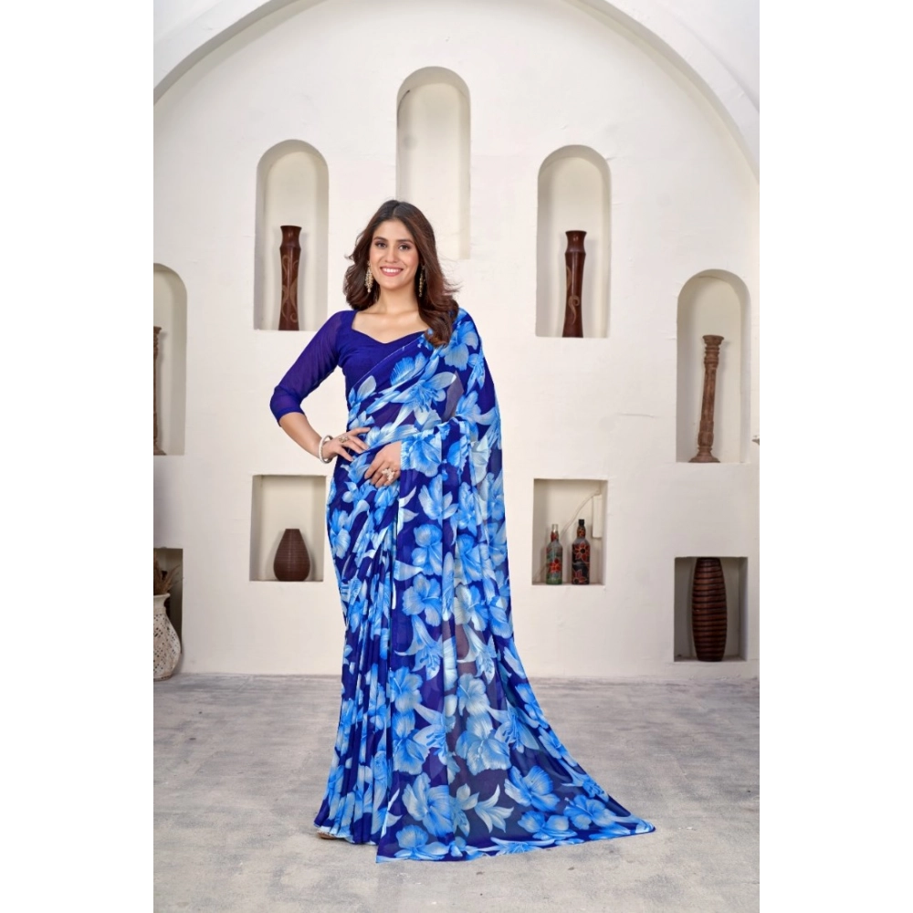 Generic Women's Polyster Printed Saree With Unstitched Blouse 5.5Mtr (Blue)