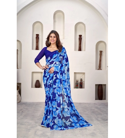 Generic Women's Polyster Printed Saree With Unstitched Blouse 5.5Mtr (Blue)