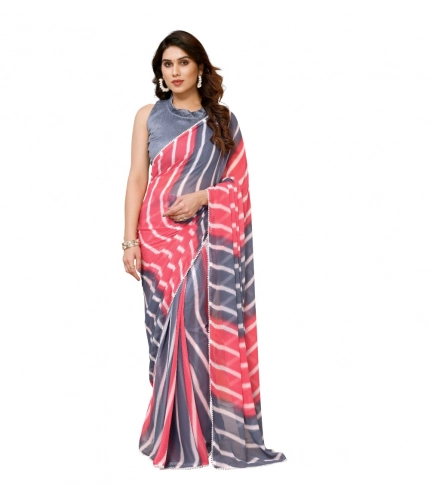 Generic Women's Small Lace Georgette Striped Ready-to-Wear Saree With Unstitched Blouse 5.5 Mtr (Pink)