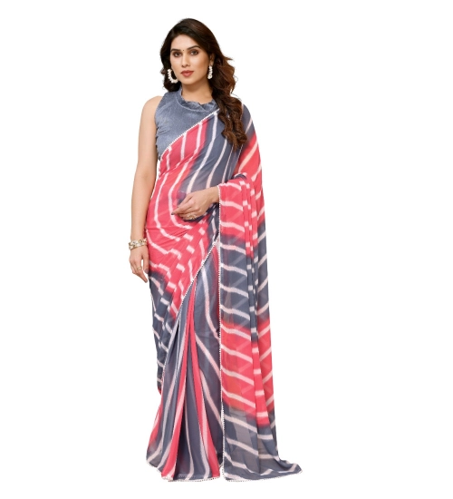 Generic Women's Small Lace Georgette Striped Ready-to-Wear Saree With Unstitched Blouse 5.5 Mtr (Pink)
