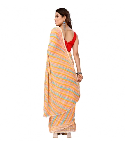 Generic Women's Small Lace Georgette Striped Ready-to-Wear Saree With Unstitched Blouse 5.5 Mtr (Yellow)