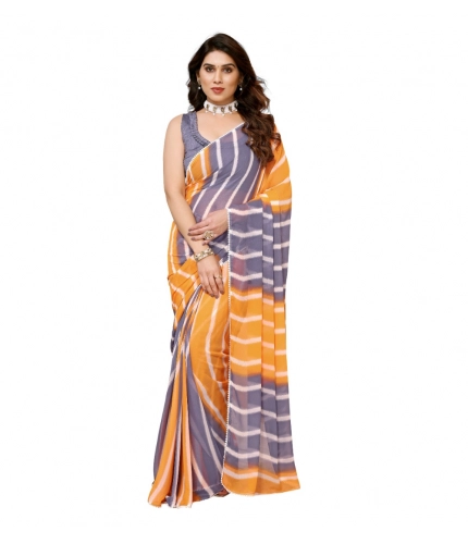 Generic Women's Small Lace Georgette Striped Ready-to-Wear Saree With Unstitched Blouse 5.5 Mtr (Orange-Grey)