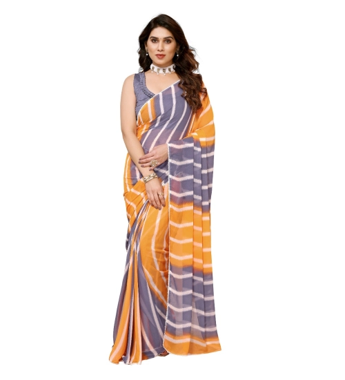 Generic Women's Small Lace Georgette Striped Ready-to-Wear Saree With Unstitched Blouse 5.5 Mtr (Orange-Grey)