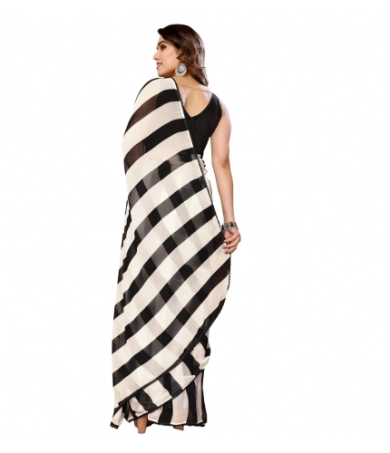 Generic Women's Small Lace Georgette Striped Ready-to-Wear Saree With Unstitched Blouse 5.5 Mtr (Black-White)