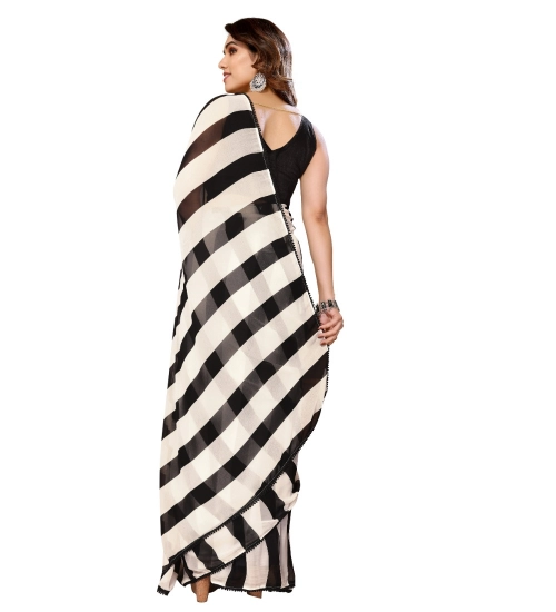Generic Women's Small Lace Georgette Striped Ready-to-Wear Saree With Unstitched Blouse 5.5 Mtr (Black-White)