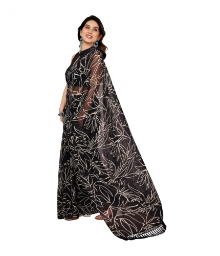 Generic Women's Zalar Lace Georgette Printed Ready-to-Wear Saree With Unstitched Blouse 5.5 Mtr (Black)