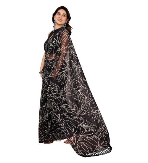 Generic Women's Zalar Lace Georgette Printed Ready-to-Wear Saree With Unstitched Blouse 5.5 Mtr (Black)