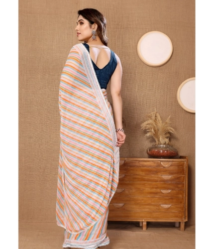Generic Women's Small Lace Georgette Striped Ready-to-Wear Saree With Unstitched Blouse 5.5 Mtr (Orange)