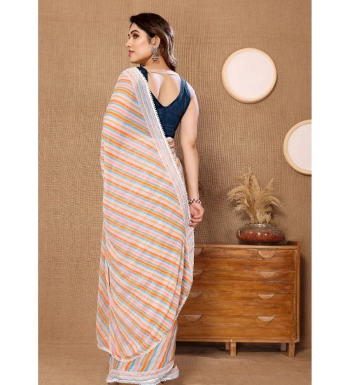 Generic Women's Small Lace Georgette Striped Ready-to-Wear Saree With Unstitched Blouse 5.5 Mtr (Orange)