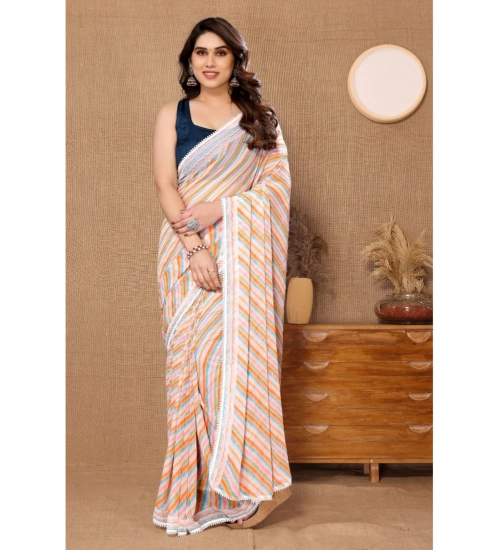 Generic Women's Small Lace Georgette Striped Ready-to-Wear Saree With Unstitched Blouse 5.5 Mtr (Orange)