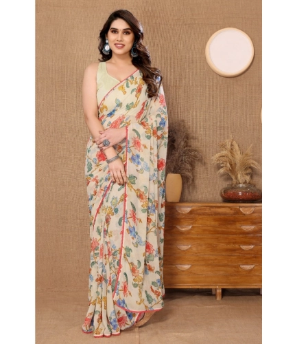 Generic Women's Small Lace Georgette Printed Ready-to-Wear Saree With Unstitched Blouse 5.5 Mtr (Off White)