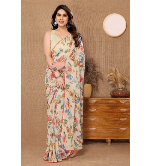 Generic Women's Small Lace Georgette Printed Ready-to-Wear Saree With Unstitched Blouse 5.5 Mtr (Off White)