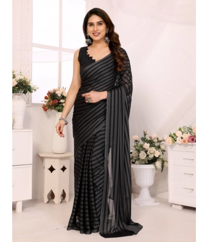 Generic Women's  Black Berry Striped Ready-to-Wear Saree With Unstitched Blouse 5.5 Mtr (Grey-Black)