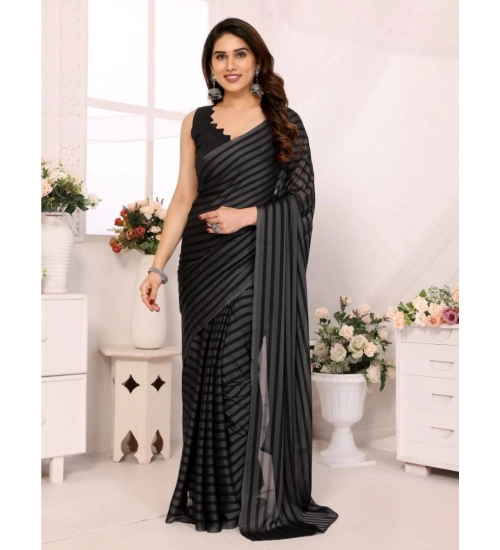 Generic Women's  Black Berry Striped Ready-to-Wear Saree With Unstitched Blouse 5.5 Mtr (Grey-Black)