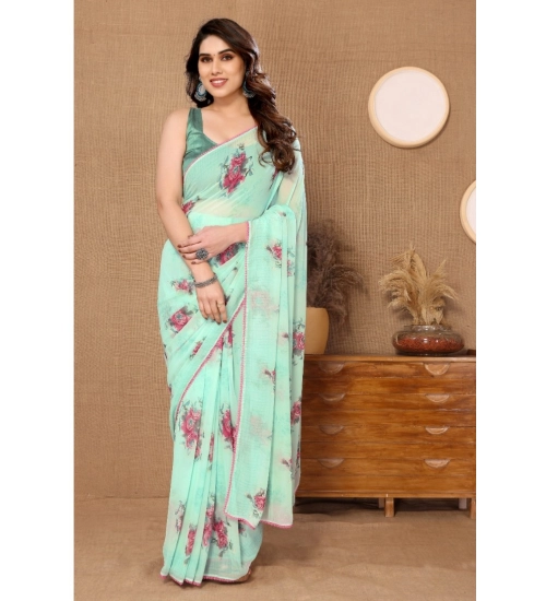 Generic Women's Small Lace Georgette Printed Ready-to-Wear Saree With Unstitched Blouse 5.5 Mtr (Turquoise)