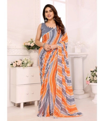 Generic Women's Small Lace Georgette Striped Ready-to-Wear Saree With Unstitched Blouse 5.5 Mtr (Grey)