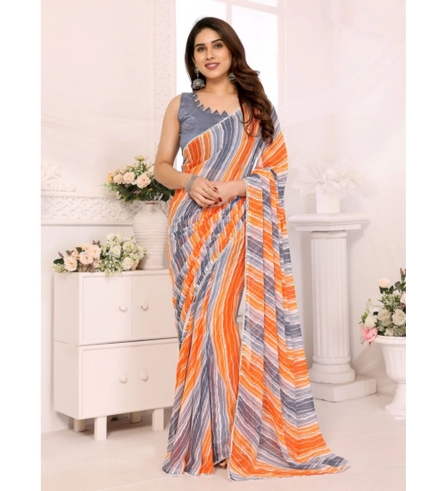 Generic Women's Small Lace Georgette Striped Ready-to-Wear Saree With Unstitched Blouse 5.5 Mtr (Grey)