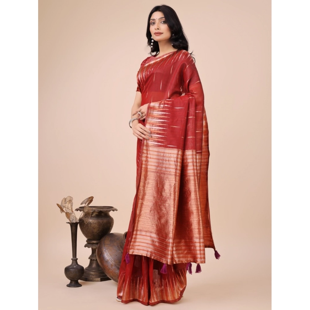 Generic Women's Linen Cotton Wevon Jacquard Saree With Unstitched Blouse 5.5Mtr (Red)