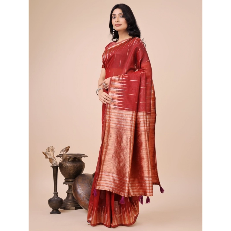 Women's Linen Cotton Wevon Jacquard Saree With Unstitched Blouse 5.5Mtr (Red) Women's Linen Cotton Wevon Jacquard Saree With Unstitched Blouse 5.5Mtr (Red)