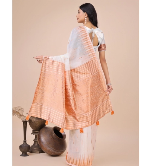 Generic Women's Linen Cotton Wevon Jacquard Saree With Unstitched Blouse 5.5Mtr (White)