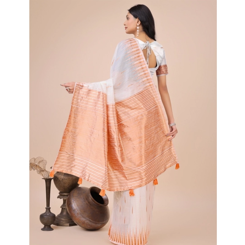 Women's Linen Cotton Wevon Jacquard Saree With Unstitched Blouse 5.5Mtr (White) Women's Linen Cotton Wevon Jacquard Saree With Unstitched Blouse 5.5Mtr (White)