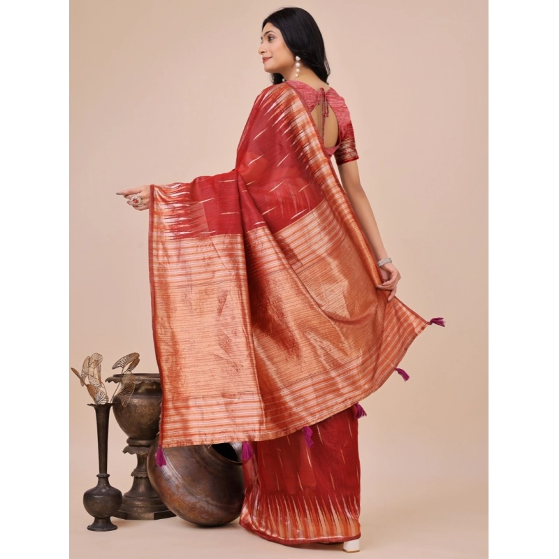 Women's Linen Cotton Wevon Jacquard Saree With Unstitched Blouse 5.5Mtr (Red) Women's Linen Cotton Wevon Jacquard Saree With Unstitched Blouse 5.5Mtr (Red)