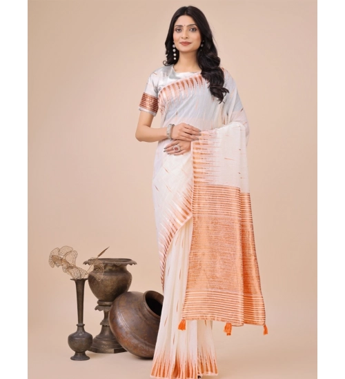 Generic Women's Linen Cotton Wevon Jacquard Saree With Unstitched Blouse 5.5Mtr (White)