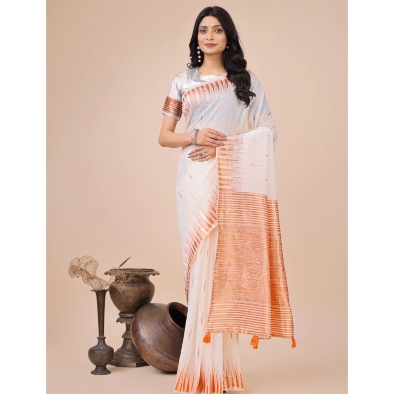 Women's Linen Cotton Wevon Jacquard Saree With Unstitched Blouse 5.5Mtr (White) Women's Linen Cotton Wevon Jacquard Saree With Unstitched Blouse 5.5Mtr (White)