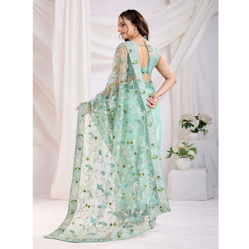 Women's Soft Net Thread Embroidery Saree With Unstitched Blouse 5.5Mtr (Sea Green) Women's Soft Net Thread Embroidery Saree With Unstitched Blouse 5.5Mtr (Sea Green)