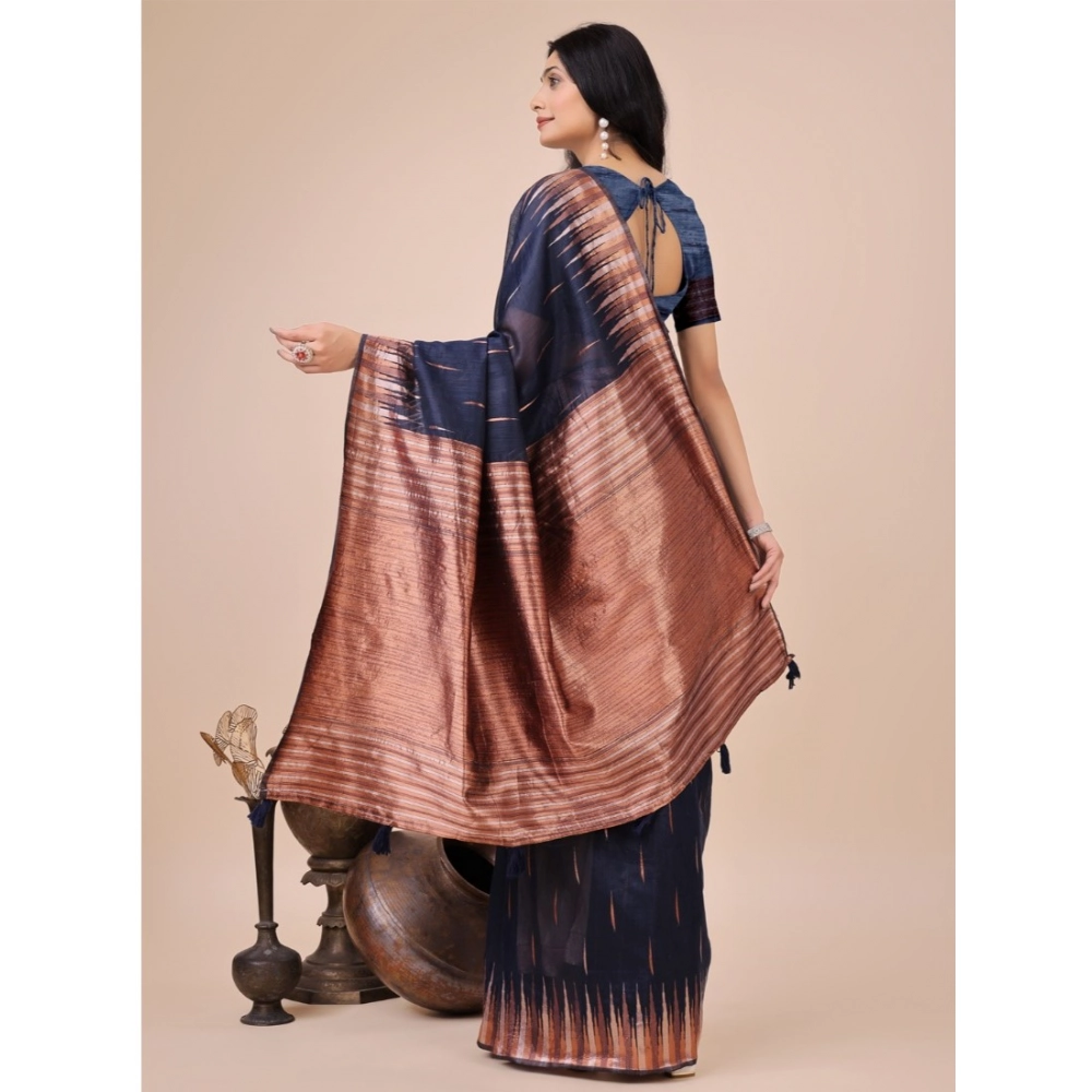 Generic Women's Linen Cotton Wevon Jacquard Saree With Unstitched Blouse 5.5Mtr (Navy Blue)