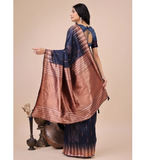 Generic Women's Linen Cotton Wevon Jacquard Saree With Unstitched Blouse 5.5Mtr (Navy Blue)