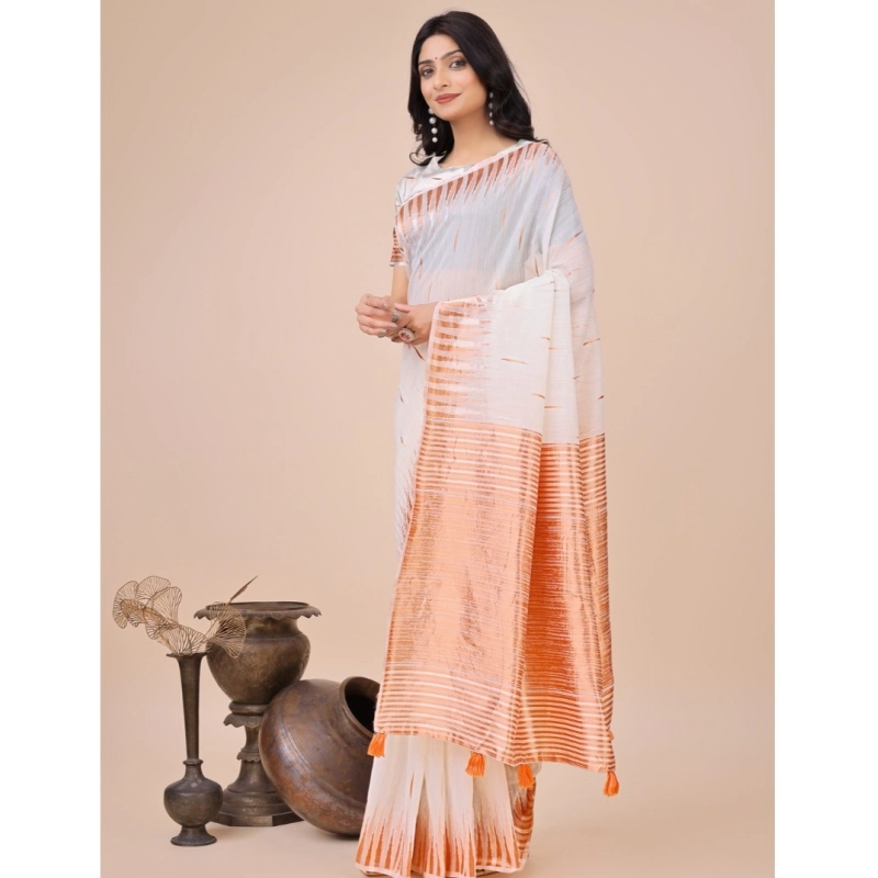 Women's Linen Cotton Wevon Jacquard Saree With Unstitched Blouse 5.5Mtr (White) Women's Linen Cotton Wevon Jacquard Saree With Unstitched Blouse 5.5Mtr (White)