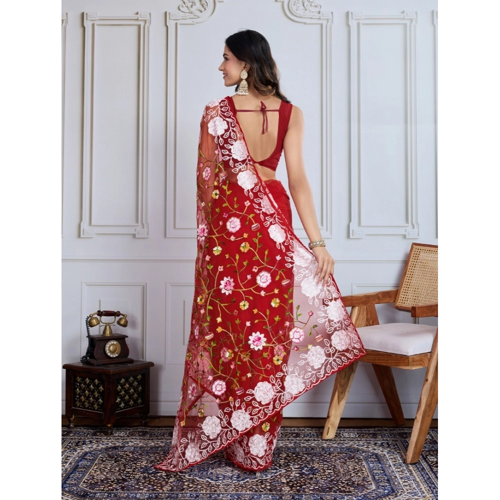 Generic Women's Soft Net Thread Embroidery Saree With Unstitched Blouse 5.5Mtr (Maroon)