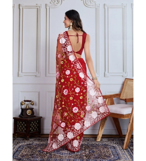 Generic Women's Soft Net Thread Embroidery Saree With Unstitched Blouse 5.5Mtr (Maroon)