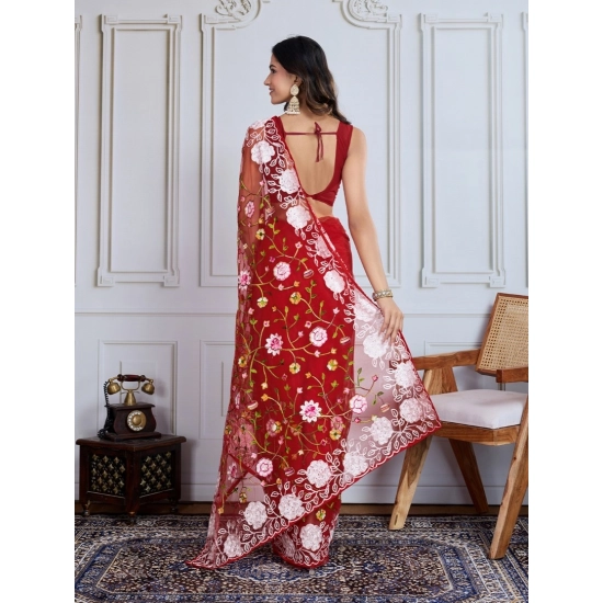 Generic Women's Soft Net Thread Embroidery Saree With Unstitched Blouse 5.5Mtr (Maroon)