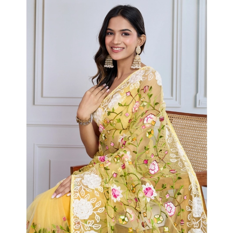 Women's Soft Net Thread Embroidery Saree With Unstitched Blouse 5.5Mtr (Yellow) Women's Soft Net Thread Embroidery Saree With Unstitched Blouse 5.5Mtr (Yellow)