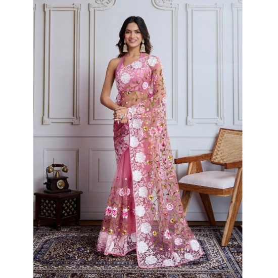 Generic Women's Soft Net Thread Embroidery Saree With Unstitched Blouse 5.5Mtr (Light Pink)