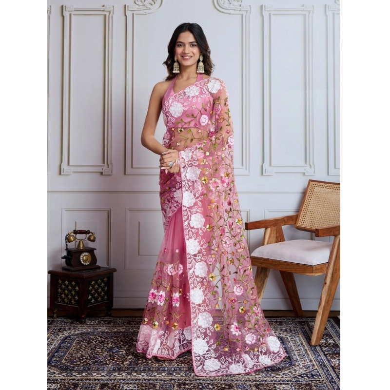 Women's Soft Net Thread Embroidery Saree With Unstitched Blouse 5.5Mtr (Light Pink) Women's Soft Net Thread Embroidery Saree With Unstitched Blouse 5.5Mtr (Light Pink)