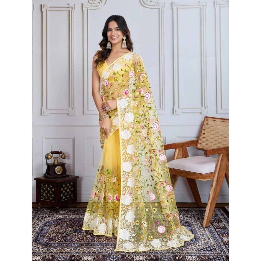 Generic Women's Soft Net Thread Embroidery Saree With Unstitched Blouse 5.5Mtr (Yellow)