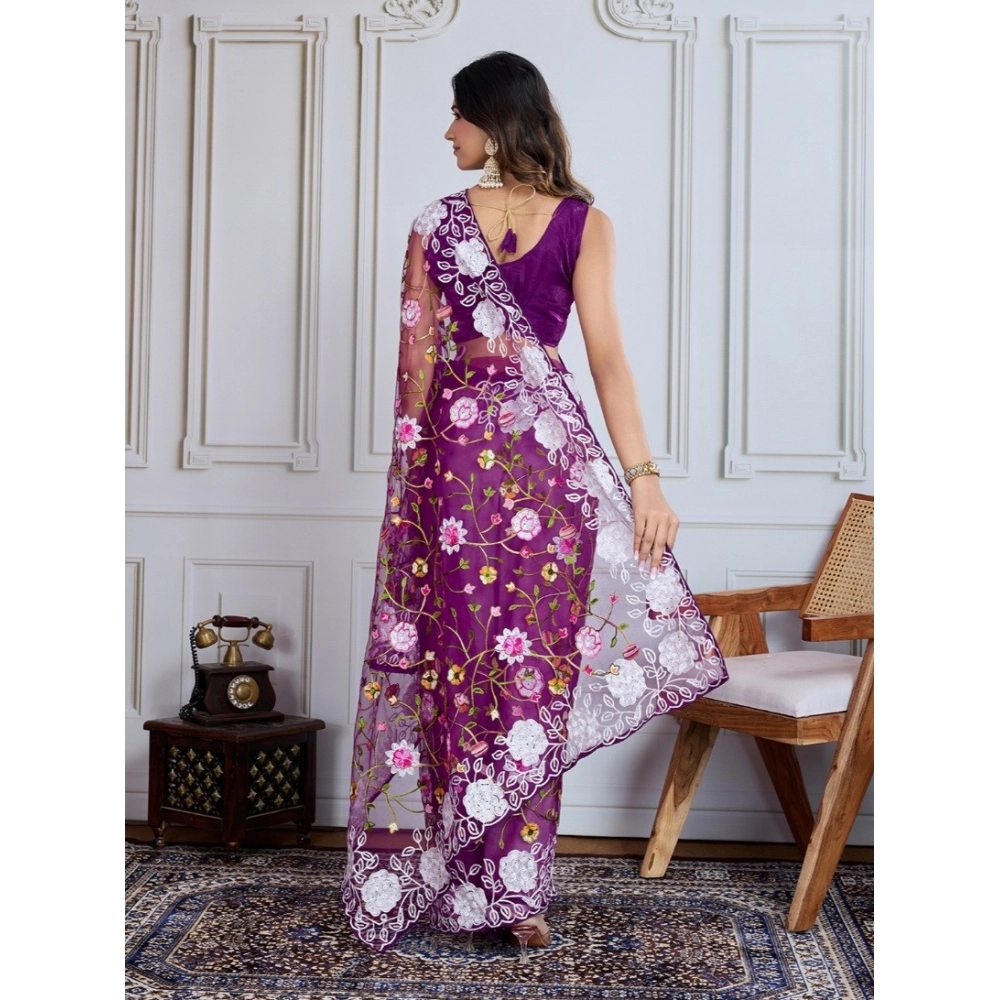 Generic Women's Soft Net Thread Embroidery Saree With Unstitched Blouse 5.5Mtr (Purple)