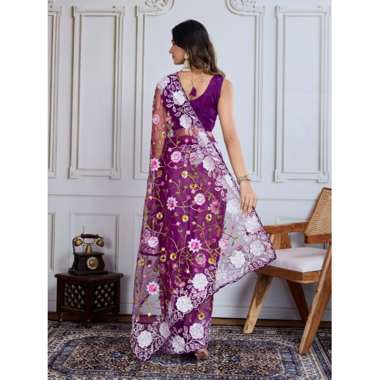 Generic Women's Soft Net Thread Embroidery Saree With Unstitched Blouse 5.5Mtr (Purple)