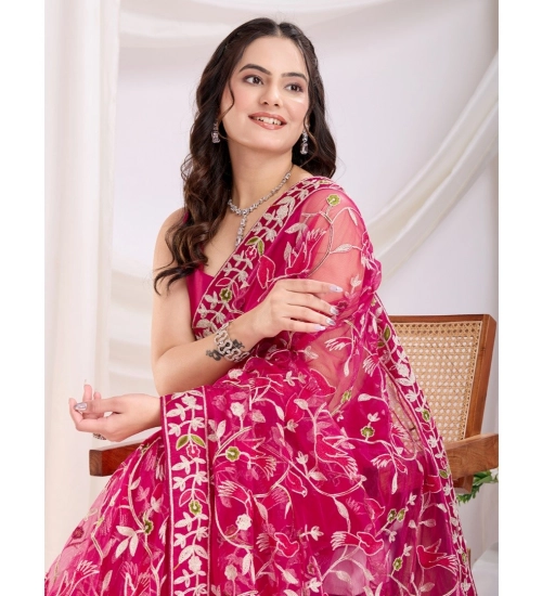 Generic Women's Soft Net Thread Embroidery Saree With Unstitched Blouse 5.5Mtr (Dark Pink)