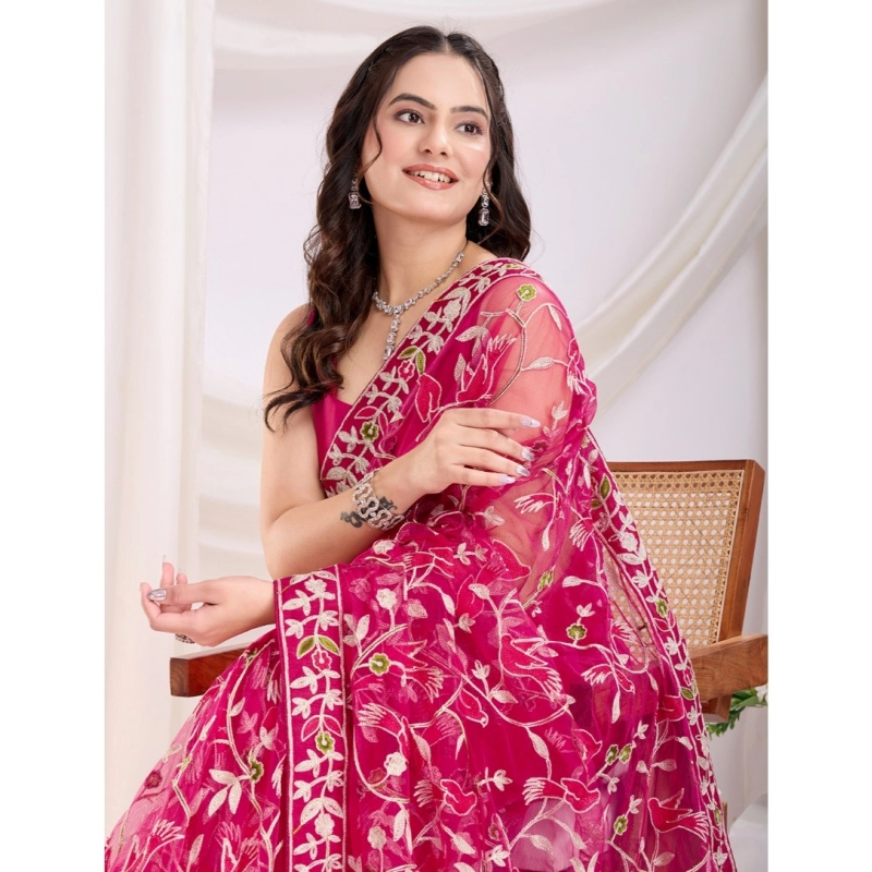 Women's Soft Net Thread Embroidery Saree With Unstitched Blouse 5.5Mtr (Dark Pink) Women's Soft Net Thread Embroidery Saree With Unstitched Blouse 5.5Mtr (Dark Pink)