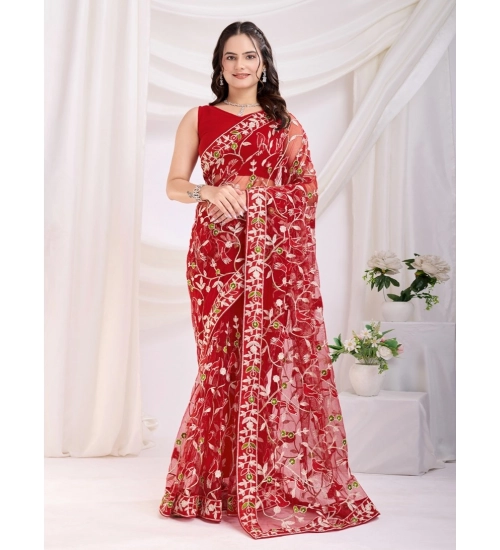 Generic Women's Soft Net Thread Embroidery Saree With Unstitched Blouse 5.5Mtr (Maroon)