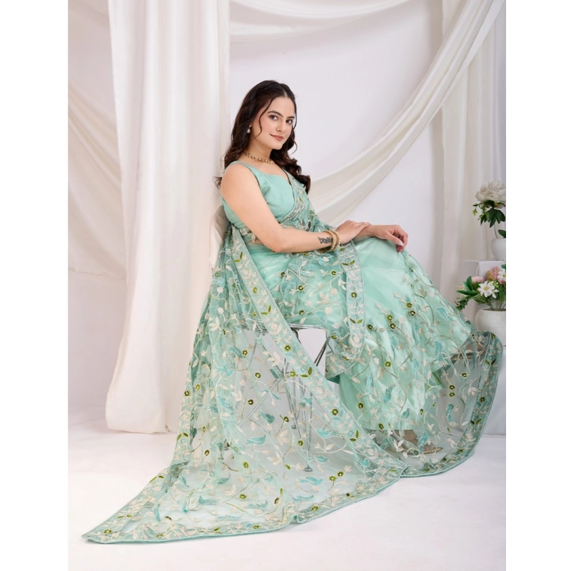Women's Soft Net Thread Embroidery Saree With Unstitched Blouse 5.5Mtr (Sea Green) Women's Soft Net Thread Embroidery Saree With Unstitched Blouse 5.5Mtr (Sea Green)