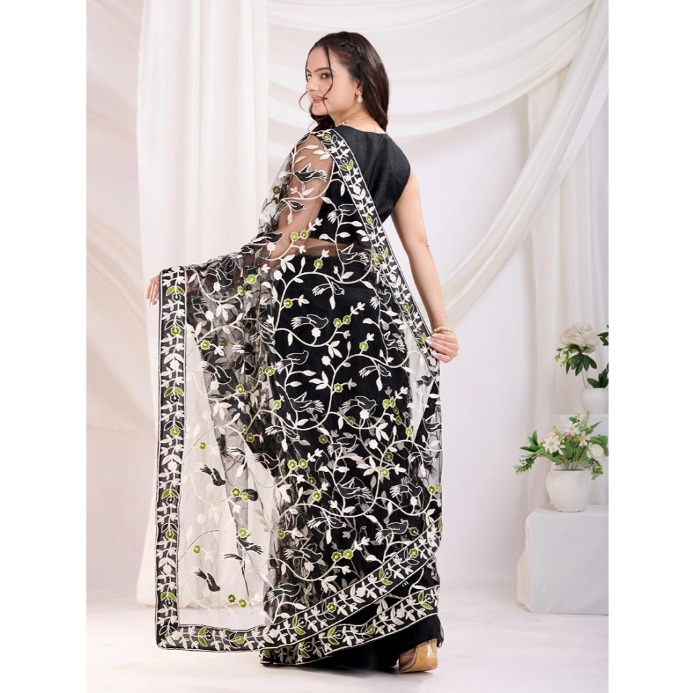 Generic Women's Soft Net Thread Embroidery Saree With Unstitched Blouse 5.5Mtr (Black)