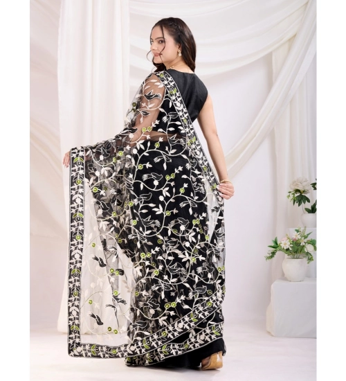Generic Women's Soft Net Thread Embroidery Saree With Unstitched Blouse 5.5Mtr (Black)
