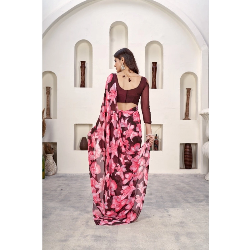 Women's Polyster Printed Saree With Unstitched Blouse 5.5Mtr (Wine)