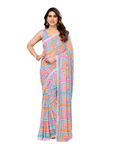 Generic Women's Small Lace Georgette Printed Ready-to-Wear Saree With Unstitched Blouse 5.5 Mtr (Grey)